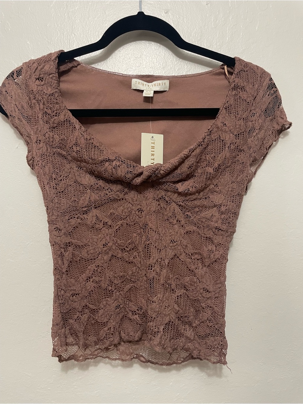 NWT Thirty Thirty Lace Floral Brown Short Sleeve Top Size XS